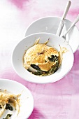 Close-up of gratin with Swiss chard in bowl