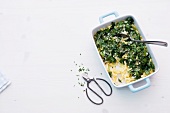 Cheese noodles with spinach in casserole on white background
