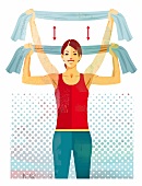 Illustration of woman exercising with towel to get relief from neck pain