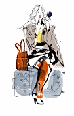 Illustration, Frau, schminkt sich, sitzt auf Koffer, Gepäck, Reise