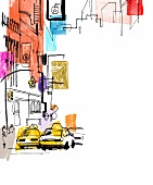 Illustration, New York, Manhattan, Big Apple, Straßenszene, Taxis