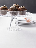 Chocolate cupcakes with espresso bonnet on glass cake stand