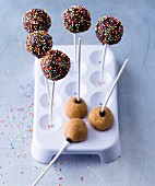 Cake pops with chocolate icing and colourful sugar sprinkles