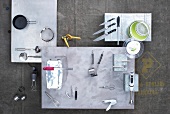 Various kitchen gadgets, overhead view