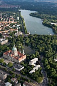 Aerial view of Maschpark, Maschteich and New Town Hall in Hannover, Germany