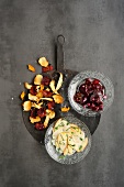 Knusperchips, beetroot salad and jerusalem artichokes, overhead view