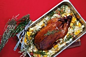 Classic roasted goose with vegetables in baking dish, overhead view