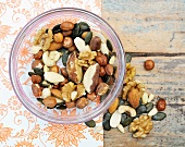 Various nuts and seeds in glass bowl