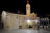 Facade of Gabriel church during Christmas time at night, Nazareth, Israel