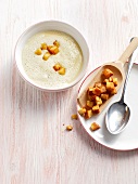 Root soup with croutons in bowl, Bavaria, Germany