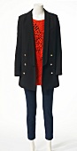 Oversize blazer with red sweater and jeans on mannequin
