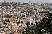 View of city with Church of Annunciation and Jesus Trail, Nazareth, Israel