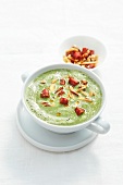 Spinach soup with almonds in cup bowl