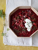 Borscht with horseradish and sour cream in serving dish