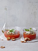 Slow cooking: jellied gazpacho essence with basil oil