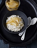 Poppy seed rice pudding with caramelized pears in bowl