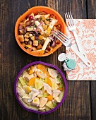 Cheese and grape salad and pineapple chicken salad in bowls