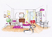 Wohnzimmer, Wohnschrank, Couch, Spielzeug, Autorennbahn, Stehlampe