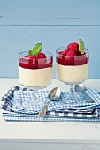 Two glasses with Bavarian cream and raspberry sauce on checked table mat