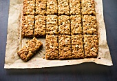 Close-up of banana granola bars with cereal on tray