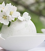 weiße Vase mit Apfelblütenzweig 
