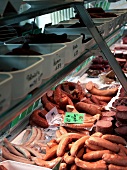 Different horse sausage at shop counter