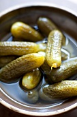 Close-up of gherkins in bowl