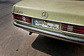 Close-up of license plate of old Mercedes 230 line 8,8 in green colour in Beirut, Lebanon