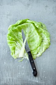 Cabbage leaves being cut for preparation minced meat, step 1
