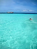 Schnorchlerin im Wasser, Boot, Insel Dhigufinolhu, Malediven