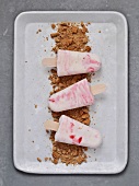Strawberry ice-cream on cheesecake plug-leis on tray