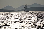 View of boat and mountains in Bodrum Peninsula, Aegean, Turkey