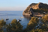 View of mountain and boats near Mesudiye in Ordu Province, Black Sea, Turkey