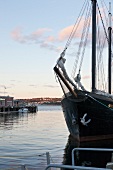 Sailboat moored on harbor in evening at Halifax, Nova Scotia, Canada