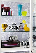 Wall cabinet with vases, bowls, crate box and camera on glass shelves