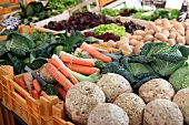 Fresh vegetables on market stall at Stuttgart Market Hall, Baden-Wurttemberg, Germany