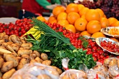 Close-up of various fresh fruits and vegetables in market