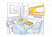 Illustration of sitting area with sofa set, television and paintings on wall