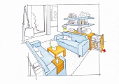 Sitzecke, Sitzplaz, Gestaltung, Sofa aufgeteilt, getrennt, Zeichnung