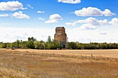 View of granary and field on highway 45 South, Saskatchewan, Canada