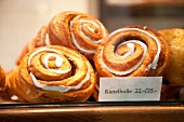Close-up of pastries with price label, United Bakeries, Norway