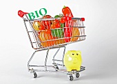 Shopping cart with vegetables, fruits and piggy Bank