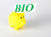 Close-up of yellow piggy bank with BIO sign
