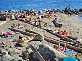 People relaxing on beach in Vancouver, British Columbia, Canada