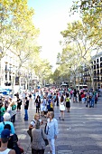 People shopping at La Rambla Las Ramblas shopping street in Barcelona, Spain