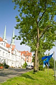 People walking in front of Lubeck Cathedral, Lubeck, Schleswig Holstein, Germany