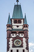 View of buildings and St. Martin's Gate of Freiburg, Germany