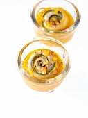 Poached sole with pepper saffron sauce in mason jars