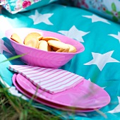 Plates and bowl in pink on blanket with star motif