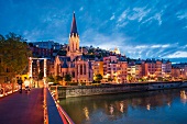 Illuminated Church of Saint-Georges in the Saone shore, Lyon, France